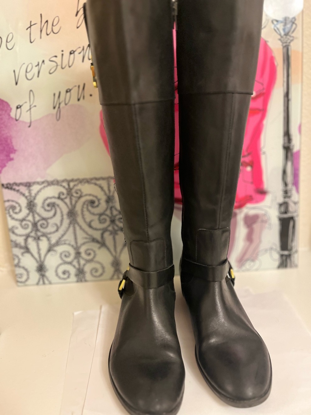Lauren Ralph Lauren Mesa Black Leather Knee-High Riding Boots - Size 6.5B